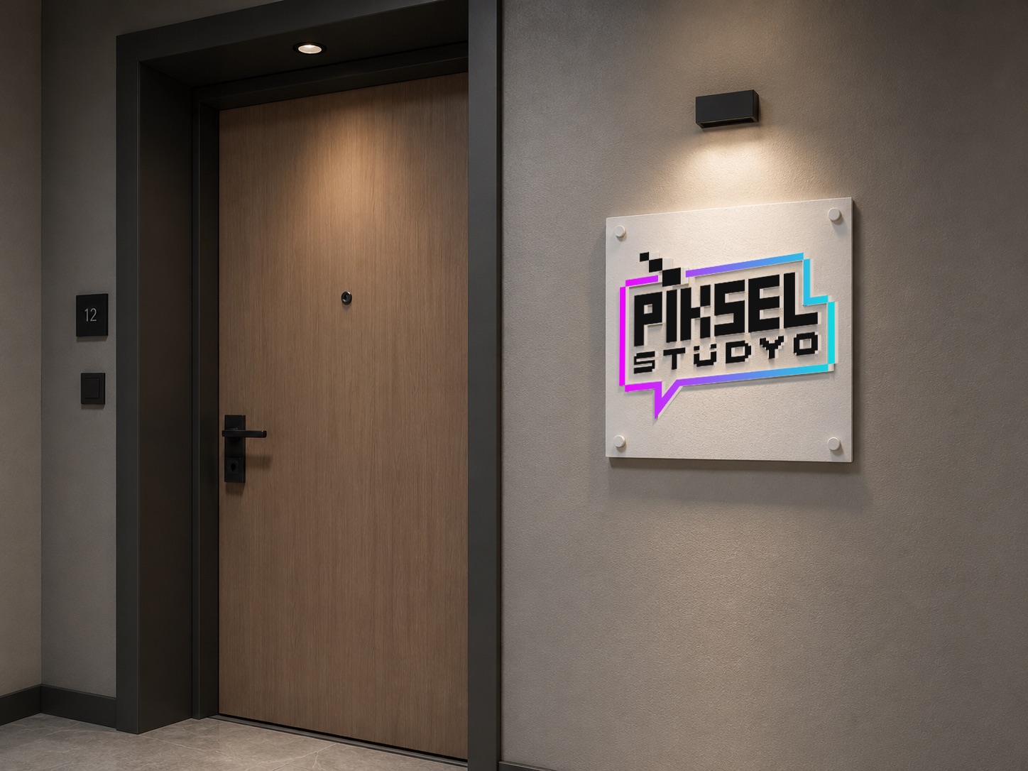 Piksel Stüdyo ofis girişindeki tabela